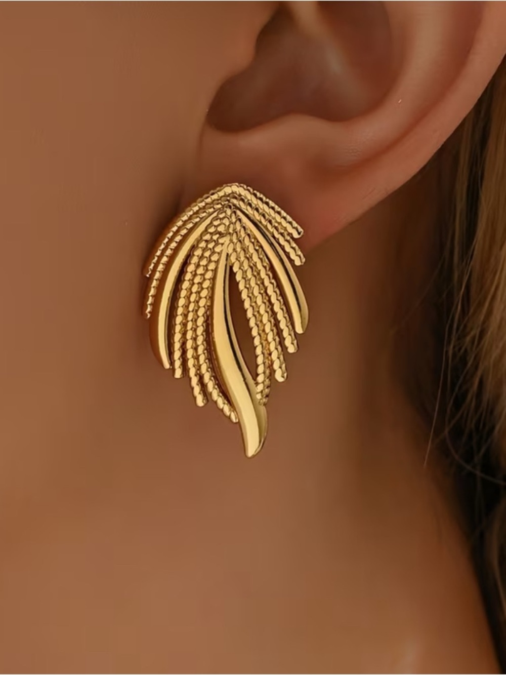 Textured Gold Leaf Stud Earrings for Women - Picture 2 of 4